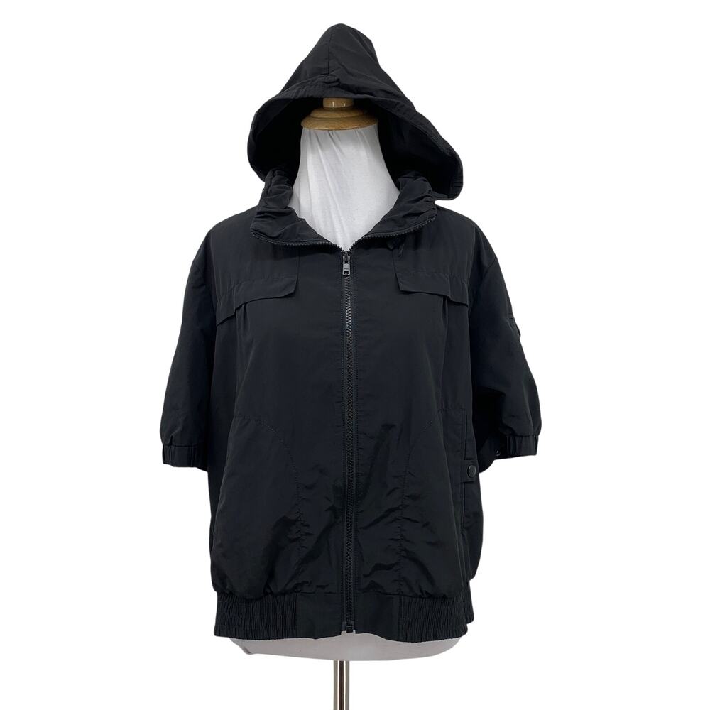 Ellen Tracy Jacket Womens M Medium Black Hooded Short Sleeve Full Zip Ribbed Hem